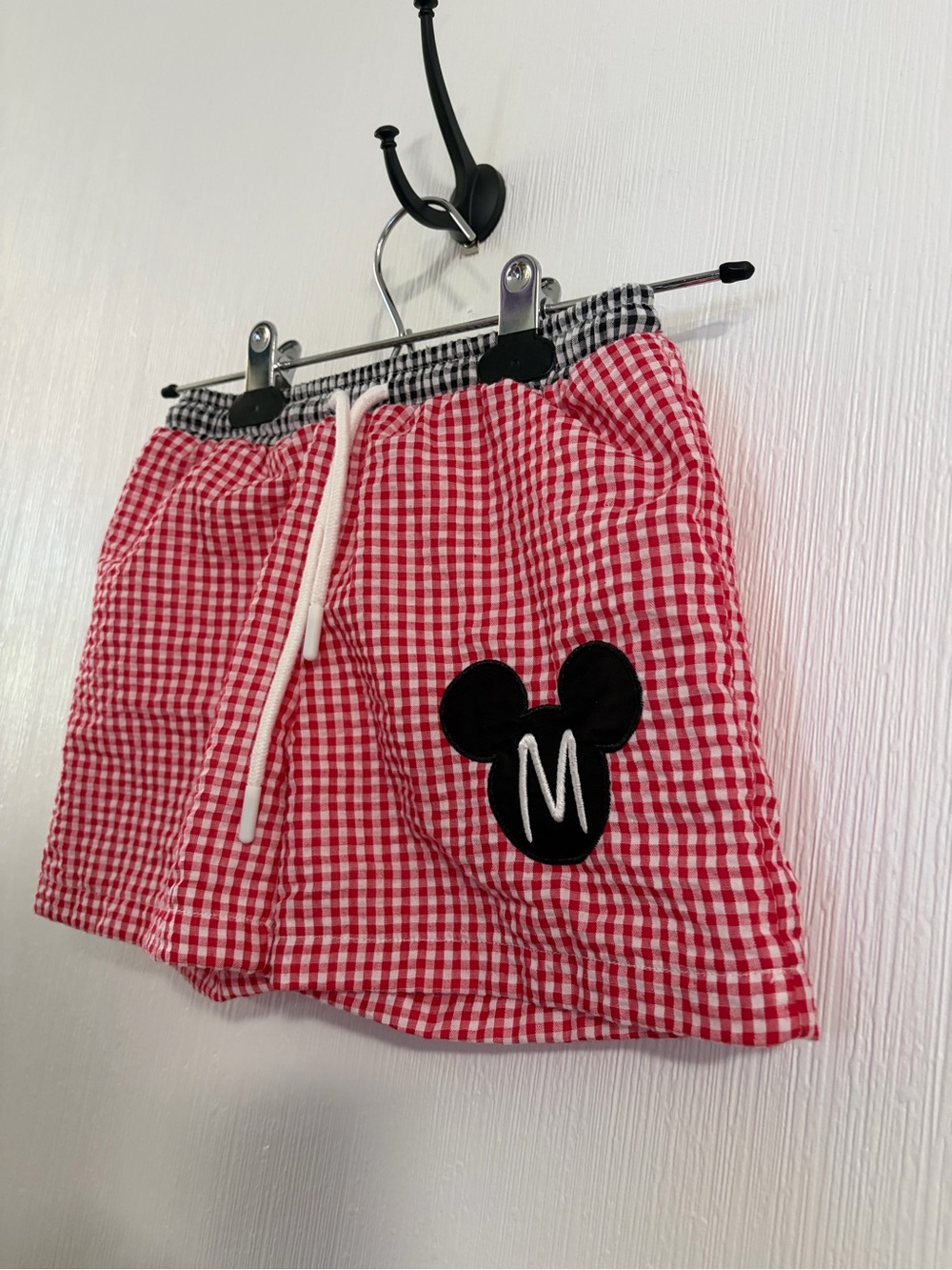 Classic whimsy Red Gingham Kids Shorts with monogram M Mickey Mouse Patch